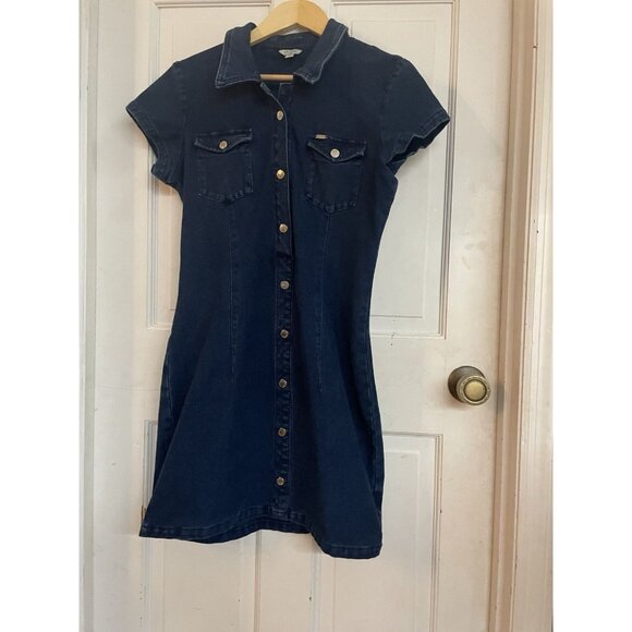 Guess Dress Womens XL Y2K Denim Micro Mini Utility Clubwear Vintage - Picture 1 of 7